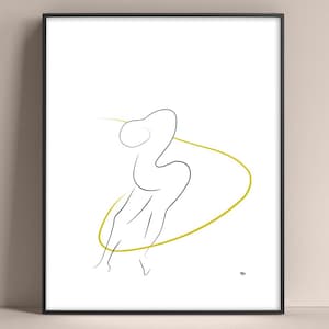 Figura feminina em pé em movimento circular amarelo – desenho de linha