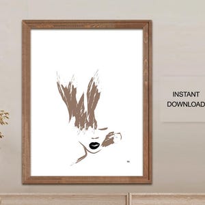 Art mural imprimable portrait minimaliste moderne, dessin au trait mode lèvres charnues, affiche visage aux yeux fermés, couleurs neutres déco scandinave