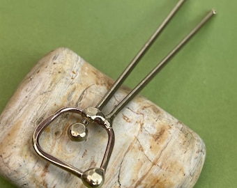 French hair pin, stick, fork, slide, handmade solid welded brass, for a cute updo hair style
