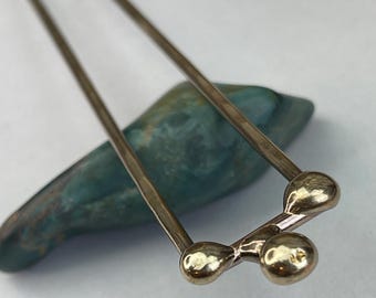 Hairpin, hair stick, handmade solid brass, welded and textured by me in Portland, Oregon