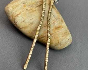 Earrings,  long asymmetrical hammer textured solid brass, boho inspired with surgical steel ear wires
