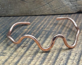 copper cuff wavy bracelet, handmade and textured large 7” inches