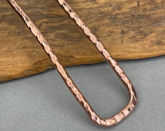 Hair pin, stick, fork, simple handmade from solid copper, textured for extra grip