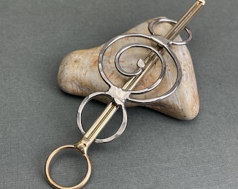Small spiral mixed metal hair barrette, solid nickel svd brass, handmade in Oregon. For a cute updo style. Stick locks to hold hair firmly