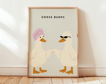 May include: A framed print featuring two cartoon ducks. One duck wears a pink turban, the other sunglasses. The text "GOOSE BUMPS" is above the ducks. The ducks are light beige with orange beaks and feet.