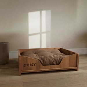 Cama de madera personalizada para perros, muebles modernos para mascotas con nombre personalizado, caseta de madera de lujo para perros, cama de interior para cachorros con cojín, caseta minimalista para mascotas