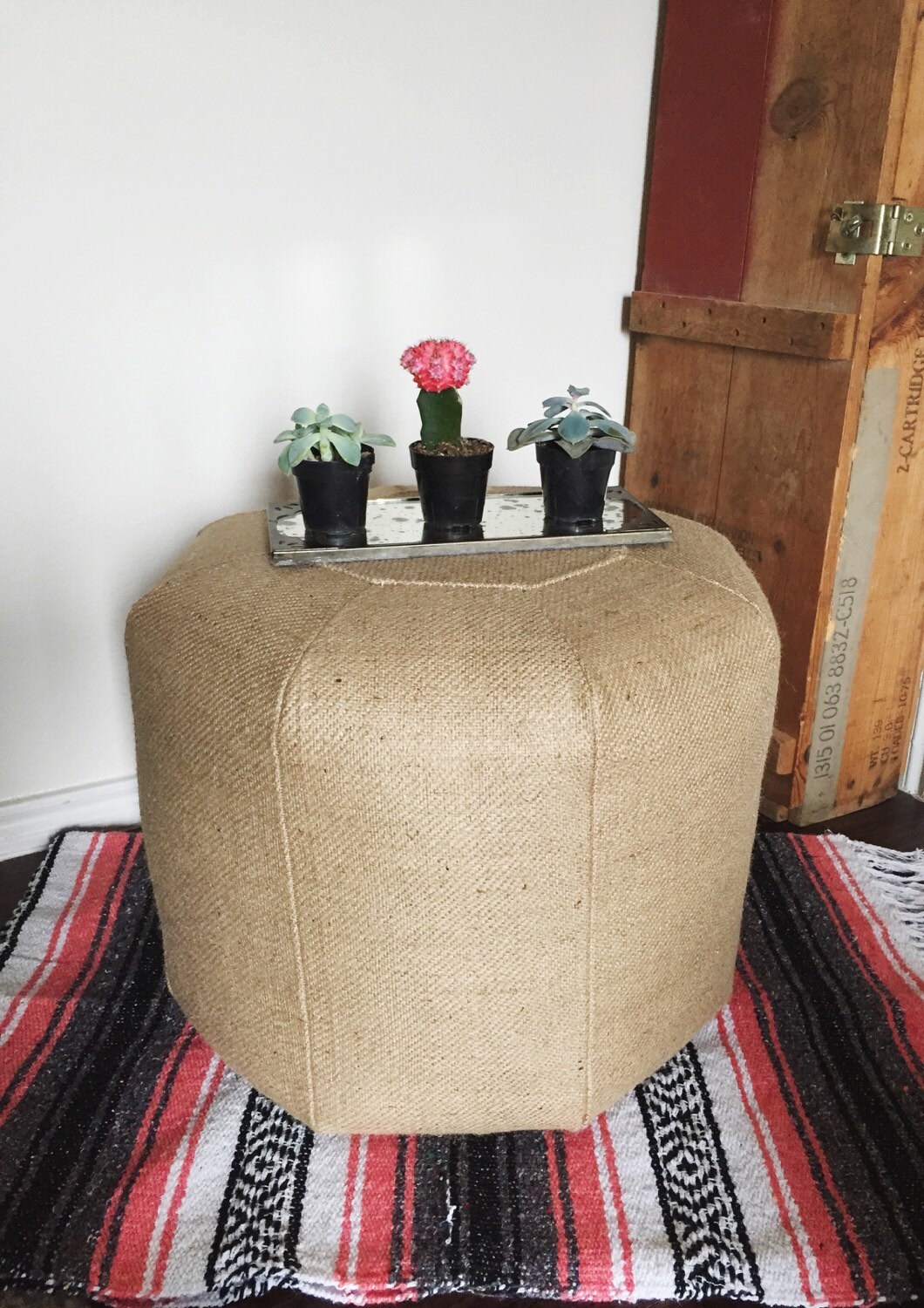 Tall Burlap Pouf Stuffed Ottoman Etsy