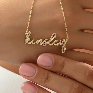 Diamond Name Necklace Solid 14k Gold, Personalized Name Necklace, Custom Nameplate Necklace with Diamond, Balloon Name Jewelry for Women