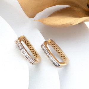 14k Solid Gold Rectangle Diamond Hoop Earrings, Diamond Paperclip Hoop Earrings, Everyday Earrings for Women, Diamond Huggies Earrings