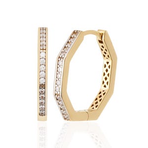 14k Gold Diamond Pave Earrings, Pave Diamond Huggie Hoops,  Geometric Hoop Earrings, Minimalist Gold Huggie Earrings, Octagon Gold Earrings