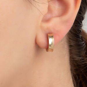 Gold Hoops Earrings, 4mm Hoops Earrings, Classic Bold Huggie Earrings, 14k Gold Plain Thick Huggies, Chunky Gold Hoops Earrings for Women