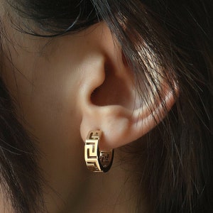 14k Solid Gold Greek Key Hoop Earrings, Meander Greek Earrings, Greek Jewelry for Her, Round Greek Key Meandros Earrings, Earrings for Women