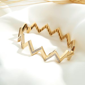 14k Solid Gold Zig Zag Diamond Bangle, Chunky Pave Diamond Bangle for Women, Geometric Diamond Bangle, Gold Bangle Bracelet, Birthday Gifts
