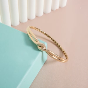14K Gold Love Knot Bangle, Tie the Knot Bangle, Couple Knot Bracelet, Dainty Couple Bangle, Promise Bracelet, Real Gold Bangle, Gift for Her