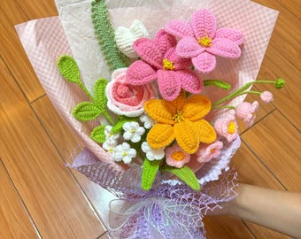 Crochet Flowers Bouquet, Pink Tulip, Rose, Handmade Gift, Everlasting, Finished Product, Birthday, Mom, Grandma, Wife, Gift For Her