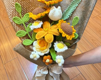 Crochet flowers bouquet,  Handmade Crochet Sunflower, Home Decor, Finished Product, Anniversary, Birthday, Mom, Wife, Gifts for Her
