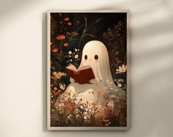 Impresión de un fantasma leyendo un libro, decoración cottagecore de Halloween, póster vintage de fantasmas, decoración imprimible de Dark Halloween Academia, arte de carrito de bar