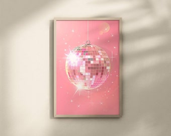 Pink Disco Ball Poster, Pink Trendy Disco Wall Art, Retro Aesthetic Decor, Pink Girly Poster, Girly Dorm Room, Apartment Print, Bar Cart Art