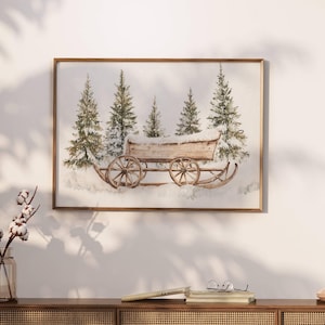 Watercolor Sleigh with Christmas Tree Printable Wall Art, Vintage Sleigh Poster, Christmas Print Gallery Wall, Winter Print Digital Download