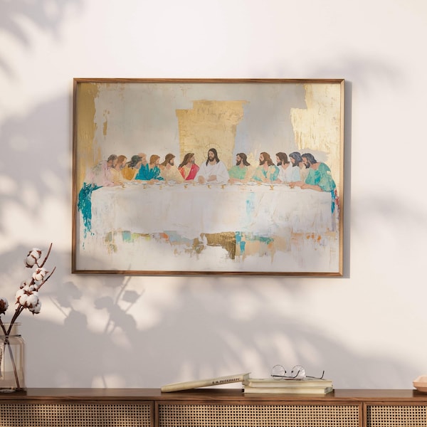 Sista måltiden väggkonst, utskrivbar akvarell Jesustryck, andlig bibelkonst, minimal modern kristen väggdekor, digital nedladdning