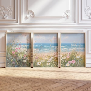 3-delat kustlandskapstryck med vildblommor, triptyk, neutral havsväggkonst, stor vintageblommig marinmålning, sommardekor, digital nedladdning