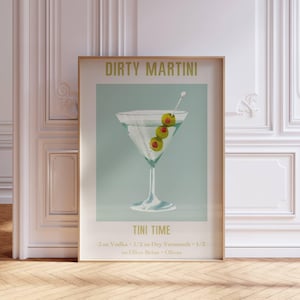 Plakat Dirty Martini, wydruk Tini Time, modny wystrój wózka baru koktajlowego, dziewczęca sztuka ścienna do mieszkania, prezent na drinka z podpisem, pobieranie cyfrowe