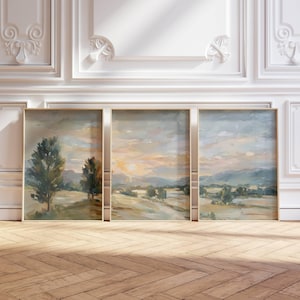 3-delat vintagetryck med höstsolnedgångslandskap, triptyk, dämpad landskap, väggkonst, mjuk, jordnära lantlig vardagsrumsinredning, digital nedladdning
