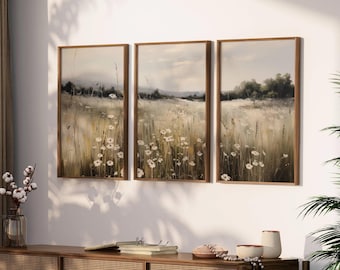 Moody Neutral 3 Print Set, Vintage Landscape Home Decor, Wildflower Field Print Set of 3, Large Triptych Gallery Wall Art, Digital Download