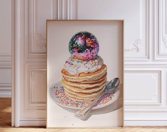 NYE Disco Pancakes Print, Retro Disco Kitchen Poster, Trendy Food Printable Wall Art, Sprinkles Print, Foodie Art, Digital Download