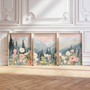 Triptych Mountain Daisy Wildflower Landscape Print, 3 Print Nursery Wall Art, Large Wildflower Living Room Decor, Instant Digital Download