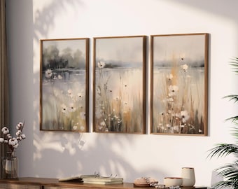 Neutral Country 3 Pieces Vintage Wall Art, Wildflower Field Set of 3 Prints, Large Landscape Painting Print, Home Decor, Digital Download