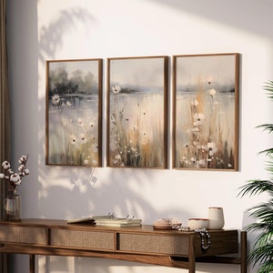 Neutral Country 3 Pieces Vintage Wall Art, Wildflower Field Set of 3 Prints, Large Landscape Painting Print, Home Decor, Digital Download