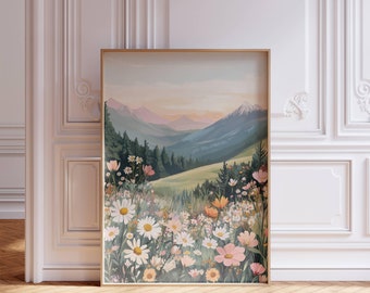 Mountain Daisy Wildflower Landscape Art Print, Sunset Pink Tones Poster, Pink Orange Daisy Flower Printable Art, Nursery Digital Download