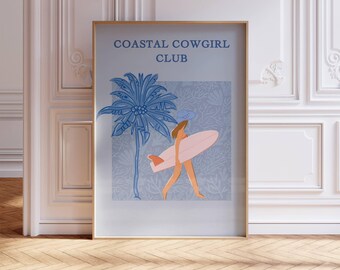 Coastal Cowgirl Poster, Surf Cowgirl Beach Wall Art, Trendy Bar Cart Decor, Girly Apartment Print, College Gift, Digital Download
