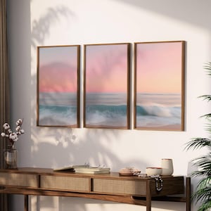 3er Set Sonnenuntergang Prints, Ozean-Print-Set, Neutrales Poster, Strandlandschaft, Küstentriptychon-Wandkunst, Galeriewand digitaler Download