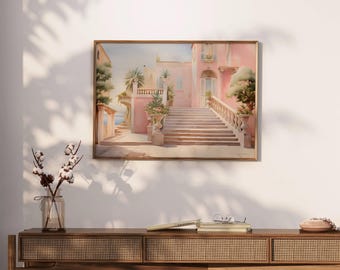Retro European Print, Pastel Pink Wall Art, Aesthetic Decor, Vintage Coastal Prints, Apartment Decor, Collage Poster Digital Download