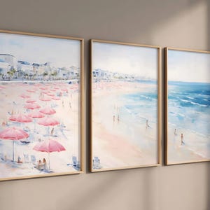3 Print Set Coastal Decor, Set of 3 Pink Coastal Prints, Triptych Girly Apartment Painting Print, Vintage Beach Seascape Digital Download