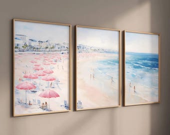 Juego de 3 impresiones de decoración costera, juego de 3 impresiones costeras rosas, impresión de pintura tríptico de apartamento femenino, descarga digital de paisaje marino de playa vintage