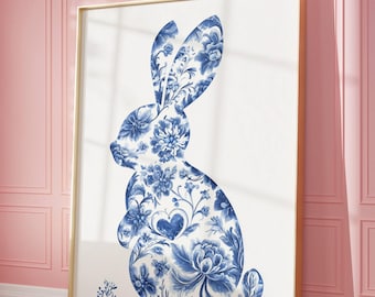 Blue Floral Chinoiserie Bunny Print, Minimalist Spring Wall Art, Easter Coquette Decor, Easter Bunny Poster, Printable Digital Download