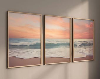 Set of 3 Sunset Prints, 3 Piece Wall Art, Ocean Print Set, Neutral Beach Landscape, Coastal Triptych Wall Art, Gallery Wall Digital Download