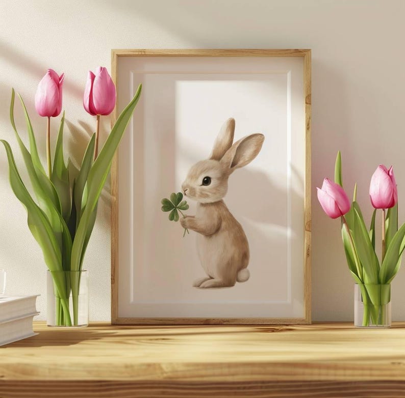 May include: A framed print of a brown bunny holding a green four-leaf clover. The print is on a white background and has a wooden frame.