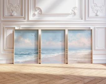 3 Print Set Coastal Decor, Set of 3 Pink Coastal Prints, Triptych Girly Apartment Painting Print, Vintage Beach Seascape Digital Download