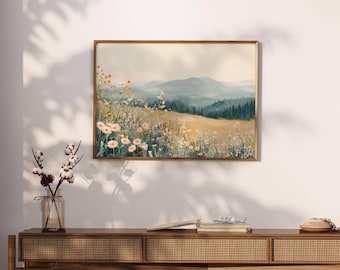 Impresión de margaritas silvestres de montaña, tríptico para pared de guardería, decoración grande de flores silvestres en tonos pastel para sala de estar, descarga digital instantánea