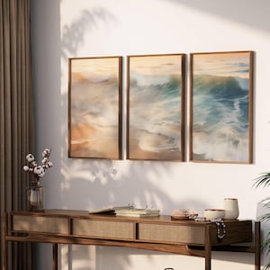 Set of 3 Sunset Prints, Golden Hour Coastal Gallery Wall, Neutral Print Set, Beach Landscape Coastal Wall Art, Surf Poster Digital Download