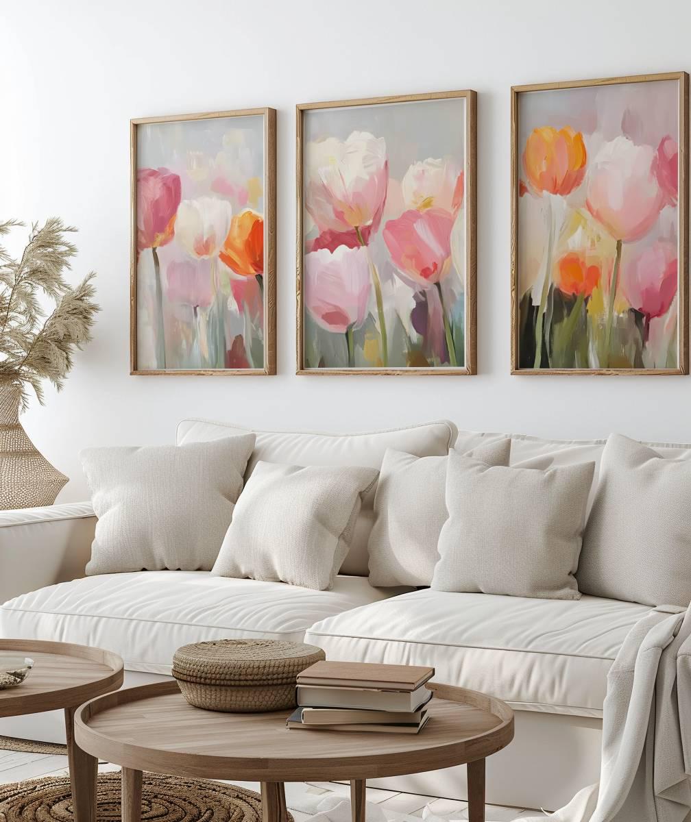Triptych Spring Prints, 3 Print Set Soft Floral Wall Art, Large Tulip ...