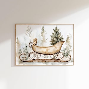 Watercolor Sleigh with Christmas Tree Printable Wall Art, Vintage Sleigh Poster, Christmas Print Gallery Wall, Winter Print Digital Download