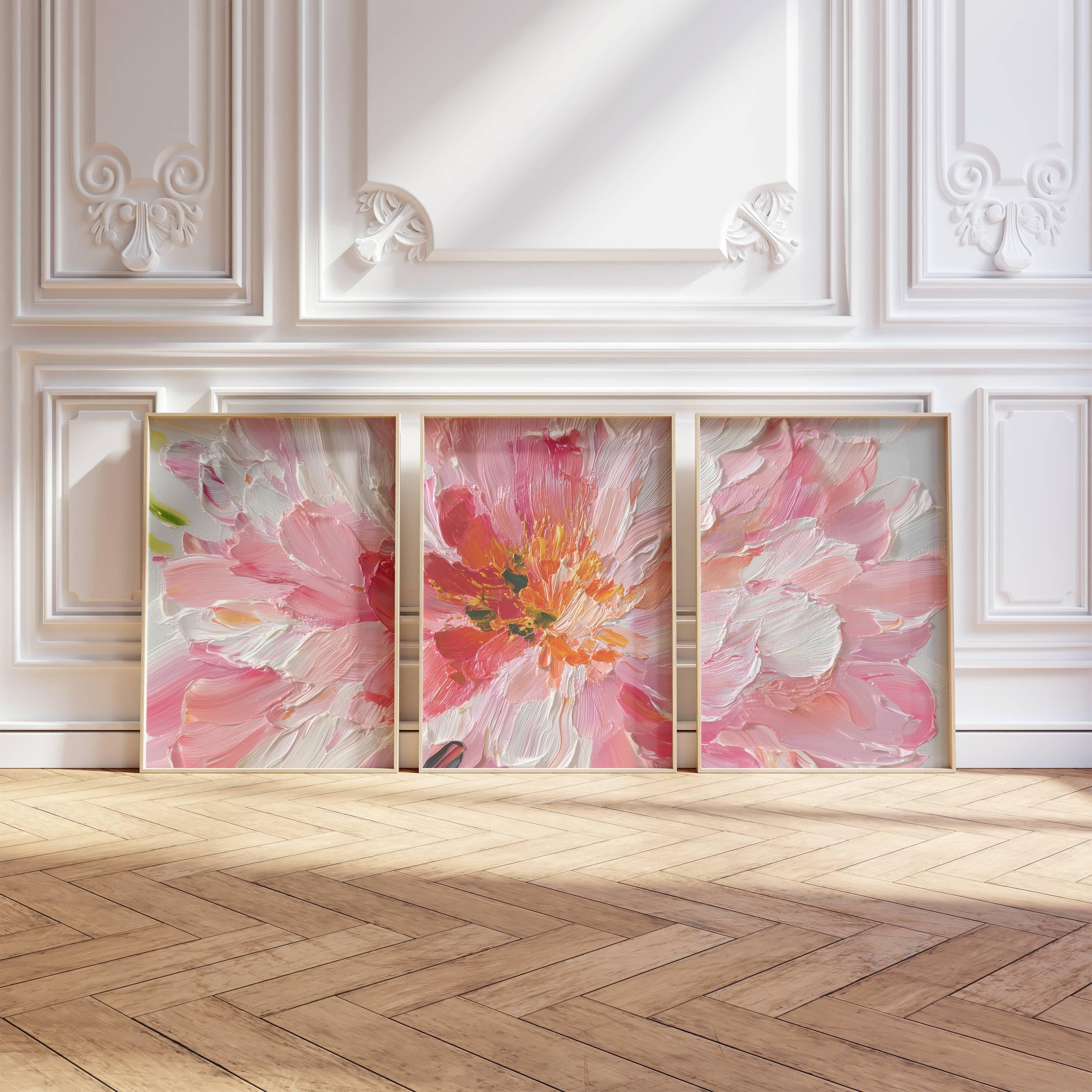 Triptyque à imprimé fleurs roses 3 pièces - Ensemble de 3 imprimés floraux rose pastel blush, grande décoration printanière, art mural floral, téléchargement numérique instantané