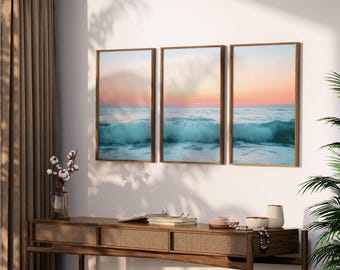 Pink Sunset Coastal Gallery Wall Print Set of 3, Beach Landscape Print Sets, Ocean Coastal Wall Art, Beach Home Decor, Digital Download