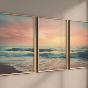 3er Set Sonnenuntergang Poster, Neutral Küsten Druck Set, Große Strand Landschaft, Kunst, Ozean Triptychon Wohnkultur, Galeriewand, digitaler Download