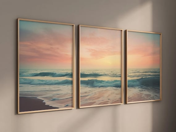 Set of 3 Sunset Prints, Neutral Coastal Print Set, Large Beach Landscape Wall Art, Ocean Triptych Home Decor, Gallery Wall, Digital Download